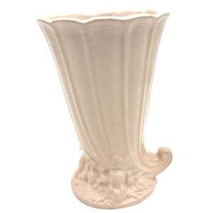 Vintage McCoy Pottery Cornucopia Vase – Matte Ivory – Leaves & Berries – 9" Tall